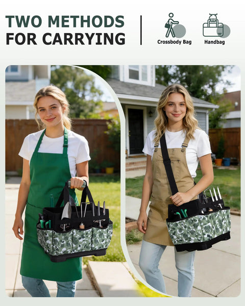 Women carrying Heavy Duty Garden Tool Bag With Hard Bottom And Wide Opening, 20L Main Compartment, Water Resistant 600D Tote With Shoulder Strap