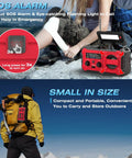 Emergency Radio With NOAA Weather Radio And AM FM Bands 10000mAh Power Bank USB Solar And Hand Crank Charging Builtin LED Flashlight SOS Alarm Reading Lamp shown on rock with hiker ready for outdoor use.