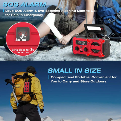 Emergency Radio With NOAA Weather Radio And AM FM Bands 10000mAh Power Bank USB Solar And Hand Crank Charging Builtin LED Flashlight SOS Alarm Reading Lamp shown on rock with hiker ready for outdoor use.