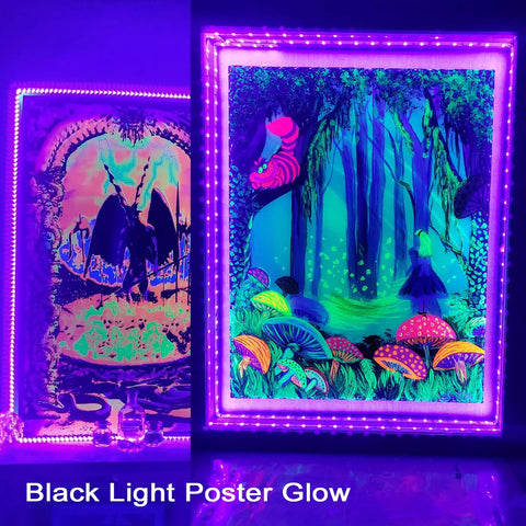 Lit 6.6Ft Black Light Strip With 120 UV LEDs 395-400nm USB 5V illuminating colorful glow posters in a dark room.