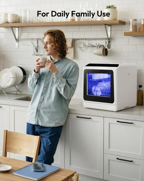 Hassle Free Portable Countertop Dishwasher With Six Smart Wash Cycles And Ultra Quiet Forty Decibel Operation For Smooth Apartment Living Without The Plumbing Headache, in modern kitchen, with person using