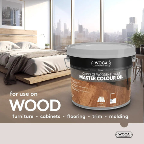 Container of Master Color Oil White Wood Finish And Stain Plant Based Penetrating Oil for Furniture Floors Trim and Cabinets 2.5L