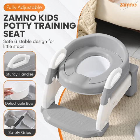 No Sweat Potty Training Setup With This 6 In 1 Foldable Toddler Toilet Seat Featuring A Rock Solid Step Stool Ladder And Adjustable Height For Smooth Sailing Bathroom Trips And Effortless Cleaning Gray White