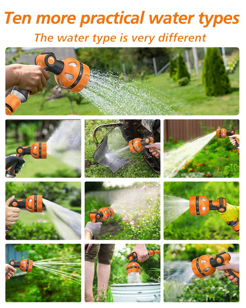 Heavy Duty Garden Hose Nozzle With 10 Pattern Watering Sprays, Thumb Control On Off Valve, Metal Inlet And Durable ABS And TPR Construction, Perfect For Lawn Care, Garden Beds, Car Washing And Pet Bath, Bright Orange Red