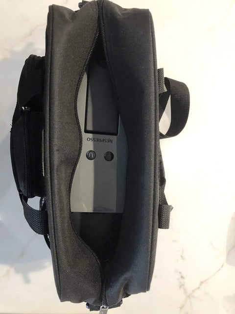 Open top view of New Improved Travel Bag Case for Nespresso Essenza Mini and Pixie With Extra Interior Padding, carrying a coffee maker.