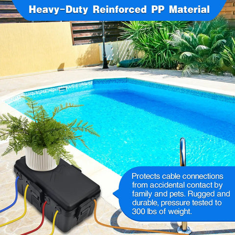Heavy Duty Outdoor Electrical Box With Six Cable Ports And Ip54 Waterproof Cover placed by pool protecting cables from water.