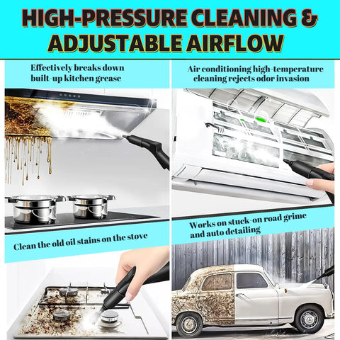 High Duty Portable Steam Cleaner With Massive 3.5 Liter Tank cleaning kitchen grease, stovetop stains and auto detailing.