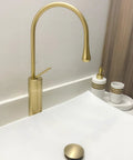 Brushed Gold Vessel Sink Faucet With High Arc, Single Lever Handle, Tall Solid Brass Vanity Tap, Pop Up Drain Included