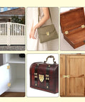 Collage of items using Two Pack Retro Gold Duckbilled Hasp Latch Set With Padlock Hole And Four Hinges Plus Twenty Four Mounting Screws Kit