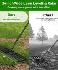 Comparison of 34-inch wide lawn leveling rake; left shows heavy duty rake with 68 inch adjustable stainless steel handle on grass