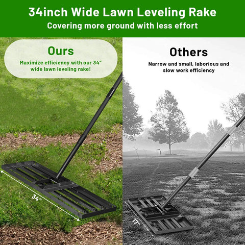 Comparison of 34-inch wide lawn leveling rake; left shows heavy duty rake with 68 inch adjustable stainless steel handle on grass