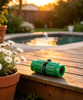 Heavy Duty Expandable Garden Hose Repair Kit With Dual Quick Connectors For 5/8 3/4 Inch Fittings Fits 25 50 75 100 Feet Leaks Green Color 4 Pack Set Drip Irrigation Parts For Easy Fix And Maintenance on wooden deck
