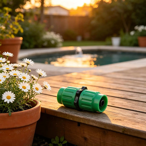 Heavy Duty Expandable Garden Hose Repair Kit With Dual Quick Connectors For 5/8 3/4 Inch Fittings Fits 25 50 75 100 Feet Leaks Green Color 4 Pack Set Drip Irrigation Parts For Easy Fix And Maintenance on wooden deck