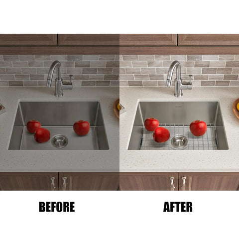 Badass Heavy Duty 304 Stainless Steel Sink Protector Grid in use, showcasing apples in sink, enhances drainage and protects surface.