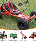 Red Go Kart on grass with image of snow blowers, garden wagons, hand trucks; fits 4.10/3.50-6 Tire Inner Tube for Lawn Mowers.