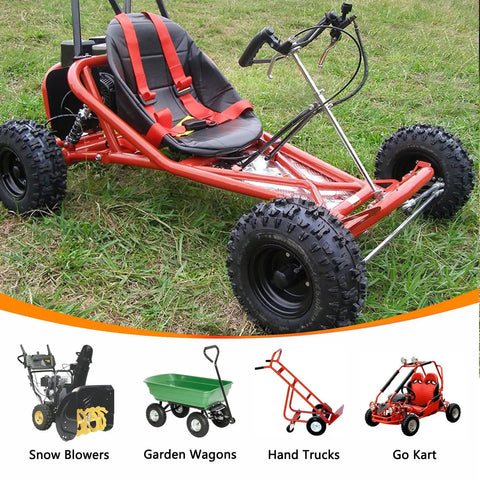 Red Go Kart on grass with image of snow blowers, garden wagons, hand trucks; fits 4.10/3.50-6 Tire Inner Tube for Lawn Mowers.