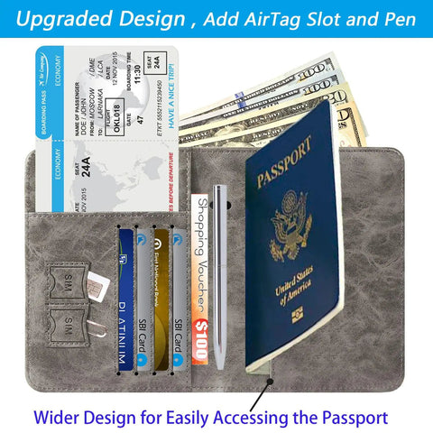 Open grey Passport Holder Wallet With RFID Blocking Leather Card Case For Travel Essentials, showing passport, cards, cash and pen.
