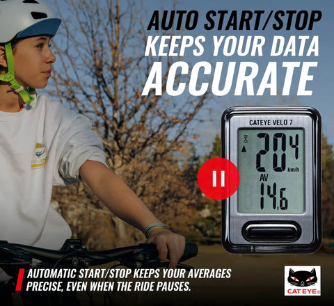 Starter Friendly Wired Bike Computer With Auto Start Stop displayed on bike with rider, showing current and average speed.