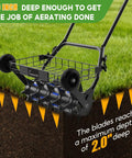 2 In 1 Rolling Lawn Aerator And Roller With Removable Gear Spikes For Easy Switch Heavy Duty Yard Tool For Grass And Soil Supports Up To 100 Lbs Perfect For Lawns Aeration And Leveling, shown in use on grass cutting 2 inch deep.