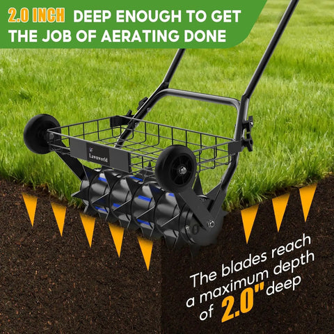 2 In 1 Rolling Lawn Aerator And Roller With Removable Gear Spikes For Easy Switch Heavy Duty Yard Tool For Grass And Soil Supports Up To 100 Lbs Perfect For Lawns Aeration And Leveling, shown in use on grass cutting 2 inch deep.