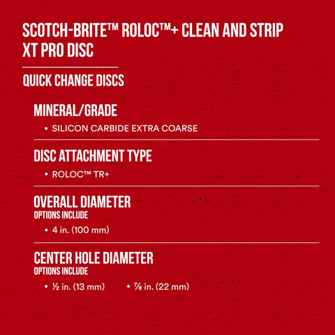 Scotch-Brite Roloc clean and strip disc specifications with silicon carbide extra coarse, 4-inch diameter, Roloc TR+ attachment.