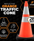 28 inch orange traffic cone with 6 inch and 4 inch collars, heavy duty PVC, meets MUTCD, for parking and construction safety.