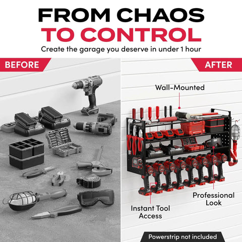 Before and after image showing a messy workbench and an organized Heavy Duty Power Tool Organizer Wall Mount With Three Shelves Eight Drill Holders And Bit Holder With 300 Lb Capacity Pegboard Sides Garage Tool Storage Rack For Home Workshop Or Pro Shop.