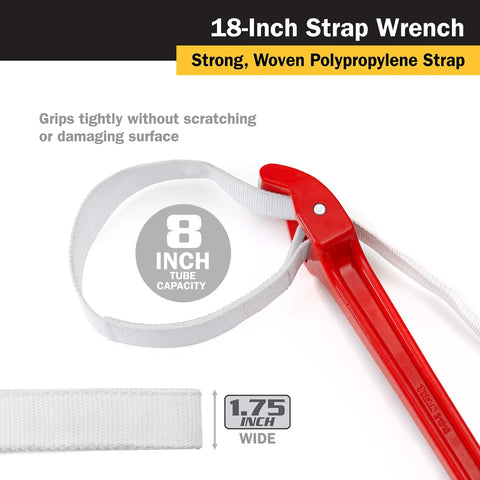 18 Inch Strap Wrench With 1.75 Inch Strap Width And 32.75 Inch Strap Length For Pipes Fittings Shafts And Irregular Shapes