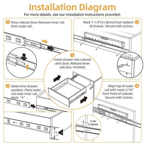 20 Inch Full Extension Drawer Slides With Soft Close installation diagram for steel ball bearing cabinet drawer rails