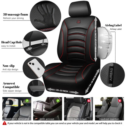 3D Foam PU Leather Car Seat Covers Universal Full Set for Trucks SUVs and Sedans Waterproof Breathable and Easy to Clean Airbag Compatible with Diamond Stitching Black Red.