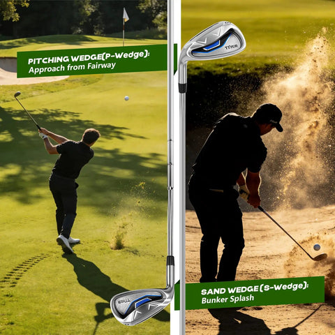Left Handed Men Golf Set 14 Piece With Driver Fairway Wood Hybrid Irons 5 Through Pitching Wedge Putter Stand Bag 3 Head Covers Graphite Shafts Beginner Friendly Black - golfer using pitching and sand wedges, outdoor play, green course.