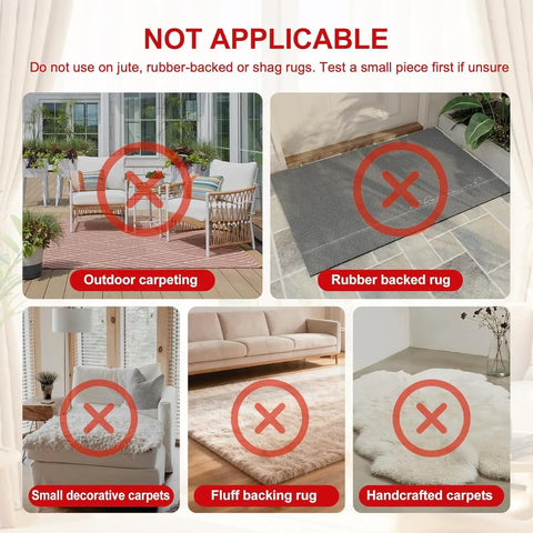 Instructions showing surfaces not suitable for 12 Pack Rug Gripper Tape Set For Area Rugs Non Slip Double Sided Carpet Tape Pads