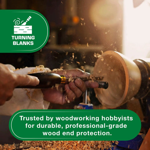 Woodworker shaping wood on lathe with End Sealer Wax Emulsion For Logs And Lumber, Water Based Protects Fresh Cut Ends, Quick Dry.