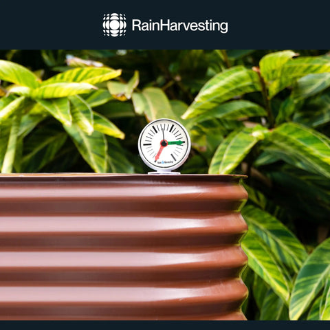 Easy Read Rain Harvesting Tank Gauge With At A Glance Water Level Indicator And No Fuss One Hole Install For Quick Setup In Your Backyard Off Grid Or Farm Rainwater System on brown tank
