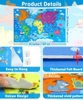 World Map Felt Set For Kids, Hands-On Flannel Board Educational Play Mat With World Famous Sights, 43 By 28 Inch