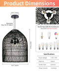 Arturesthome 3-Light Rattan Woven Bell Pendant Light for Dining Room Black dimensions, adjustable height, detailed rattan weave.