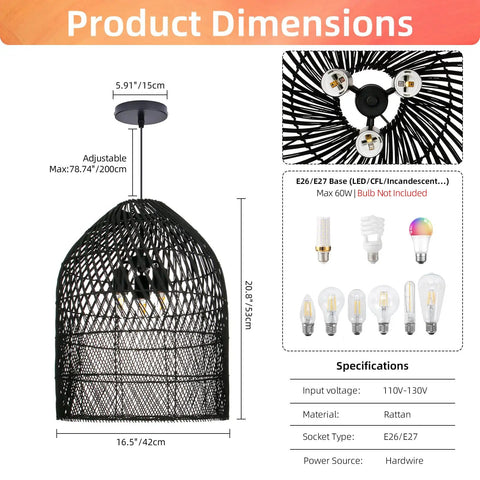 Arturesthome 3-Light Rattan Woven Bell Pendant Light for Dining Room Black dimensions, adjustable height, detailed rattan weave.