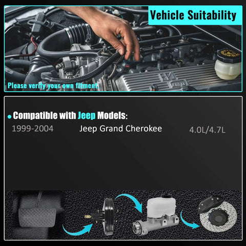 Real Deal Vacuum Power Brake Booster Built Ridiculously Tough For Jeep Grand Cherokee 1999 To 2004 With 4.0L 4.7L Engines featuring engine compatibility details.