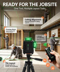 Top Shelf Green Laser Level With 3X360 Self Leveling Precision and Crisp Digital Readout aiding cabinet install, ceiling alignment, and tile layout.