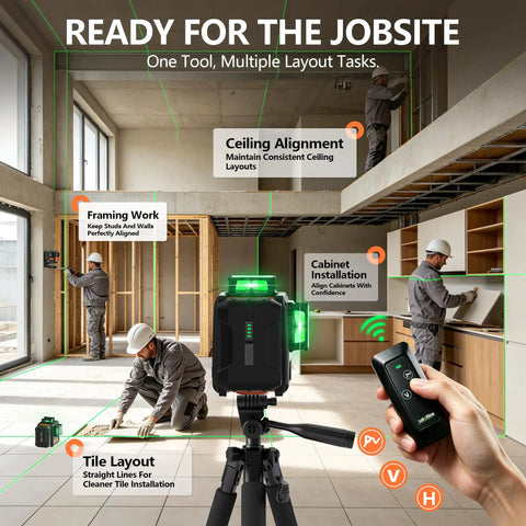 Top Shelf Green Laser Level With 3X360 Self Leveling Precision and Crisp Digital Readout aiding cabinet install, ceiling alignment, and tile layout.