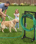 Freestanding Garden Hose Holder Stand With Heavy Duty Build, 2 Tool Hooks, Holds 150 Foot Water Hose in garden setting