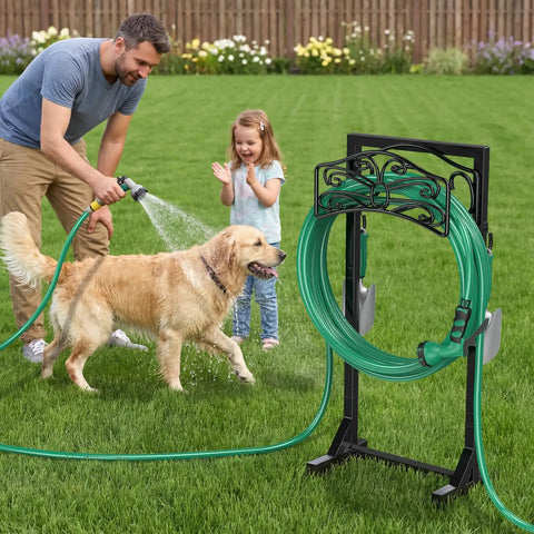 Freestanding Garden Hose Holder Stand With Heavy Duty Build, 2 Tool Hooks, Holds 150 Foot Water Hose in garden setting