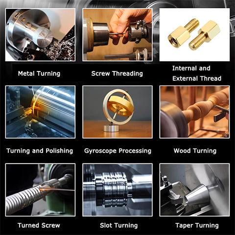 Various machining processes using the No Sweat Heavy Duty Metal Bench Lathe With Muscle Bound High Torque Motor And MT4 Spindle.
