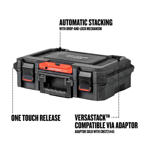 TradeStack System Tool Box With Water Resistant Construction 21 Inch Heavy Duty Storage Case front view showing features