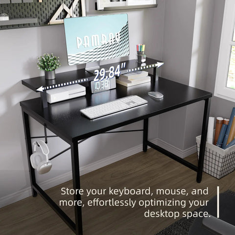 Compact 31.5 Inch Computer Desk With Monitor Stand And Headphone Hook For Small Spaces, Black desk setup in corner