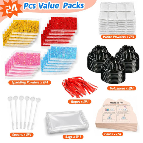 Volcano Eruption Science Kit For Kids 24 Pack STEM Experiments with powders, volcano molds, spoons, ropes, and cards.