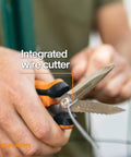 Close-up of Multipurpose 8 Inch Garden Shears With Sheath And Soft Grip Handle Pruning Scissors For Gardening Serrated Edge And Wire Cutter cutting wire