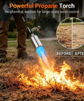 Heavy Duty Propane Weed Torch With 30 Inch Long Arm Flamethrower tough as nails design igniting weeds with blue flame.