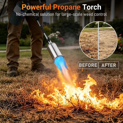 Heavy Duty Propane Weed Torch With 30 Inch Long Arm Flamethrower tough as nails design igniting weeds with blue flame.