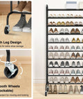 Expandable 10 Tier Metal Shoe Rack Tall Free Standing Organizer For Entryway Or Garage Go To Space Saver Adjustable From 17.7 To 33 Inches Holds Up To 44 Pairs Under Shelf Storage Black with high leg design and lockable wheels.